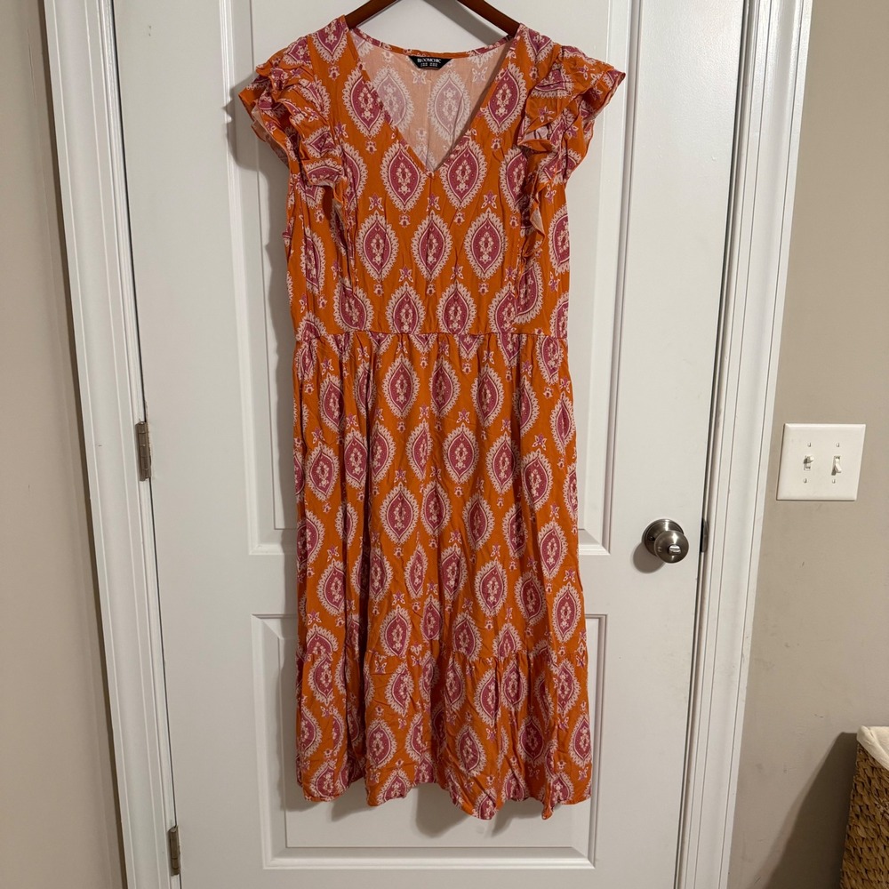 BloomChic Orange Pink Paisley V-Neck Ruffle Sleeve Tiered Midi Dress Plus 18-20
